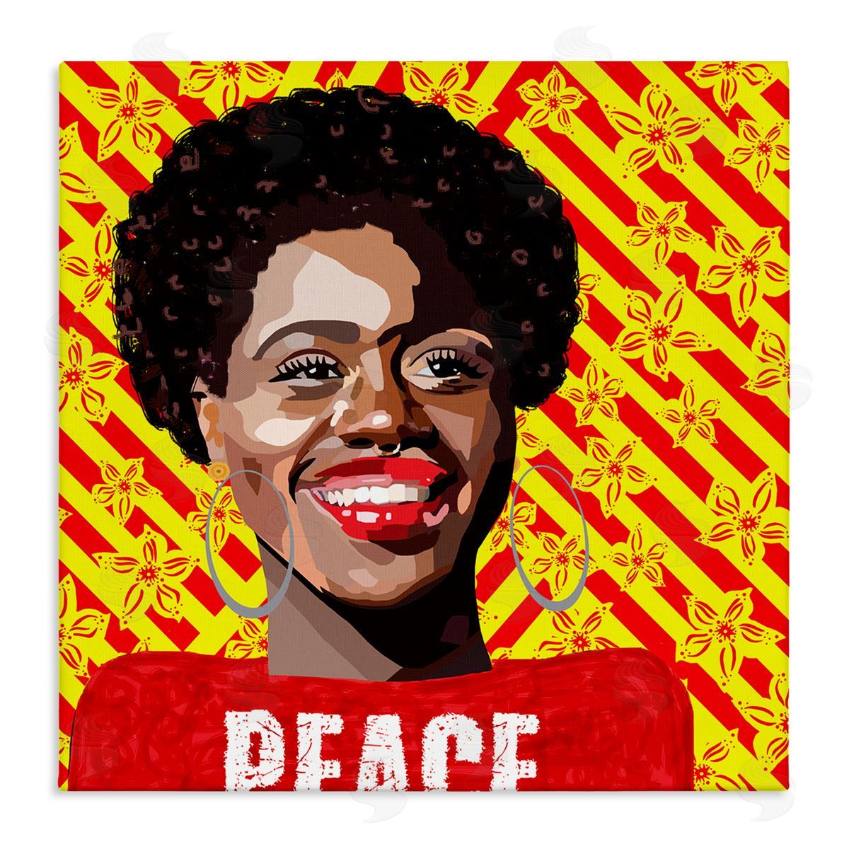 Lynnda Rakos Peace Text Smiling Woman Floral Red Stripes  Stretched Canvas Wall Art Print