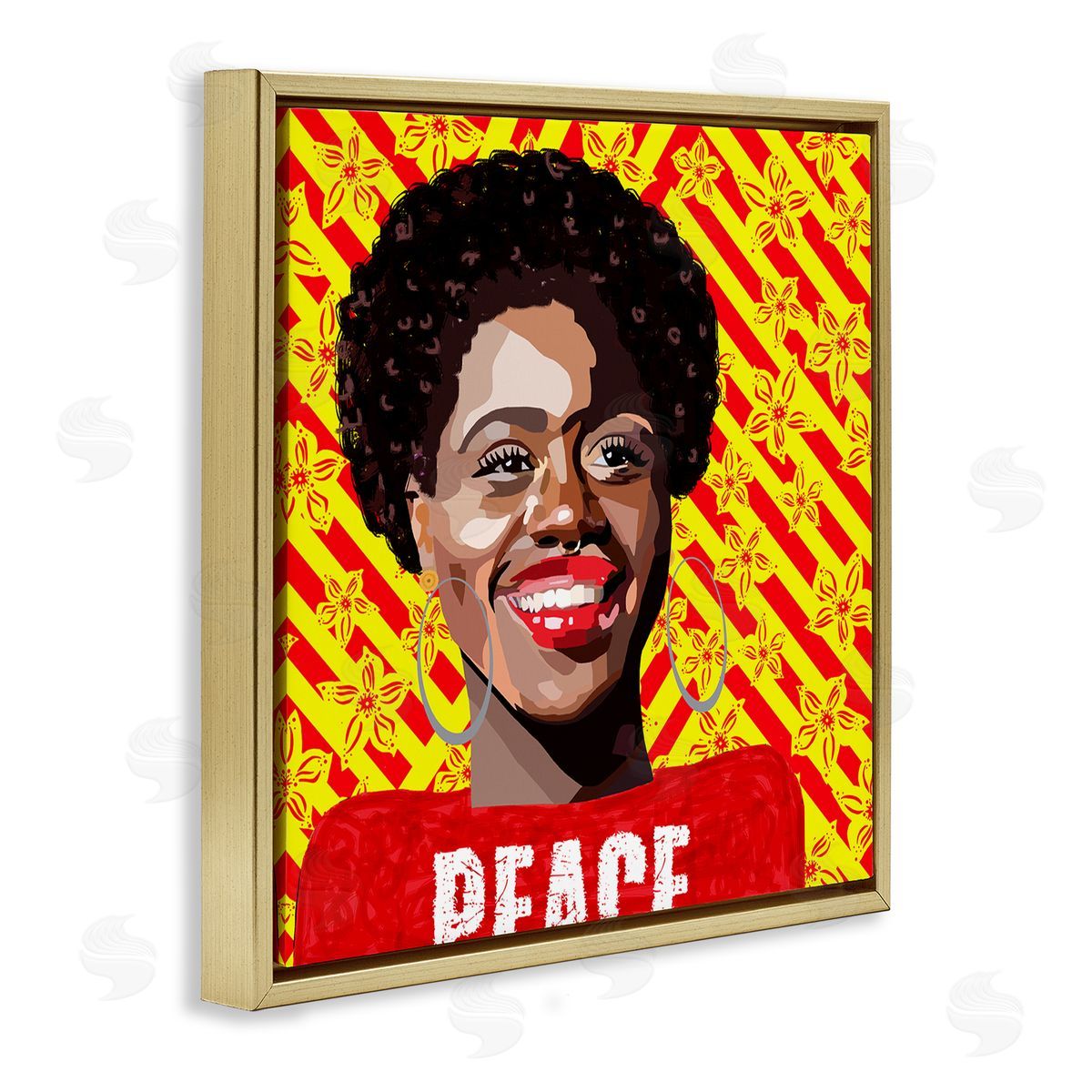 Lynnda Rakos Peace Text Smiling Woman Floral Red Stripes  Gold Floating Frame Canvas Wall Art Print