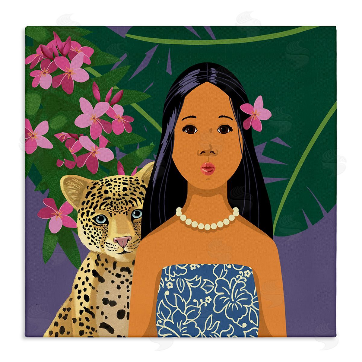 Sally Springer Griffith Portrait Girl Leopard Friend Pink Flowers Leaves Stretched Canvas Wall Art Print