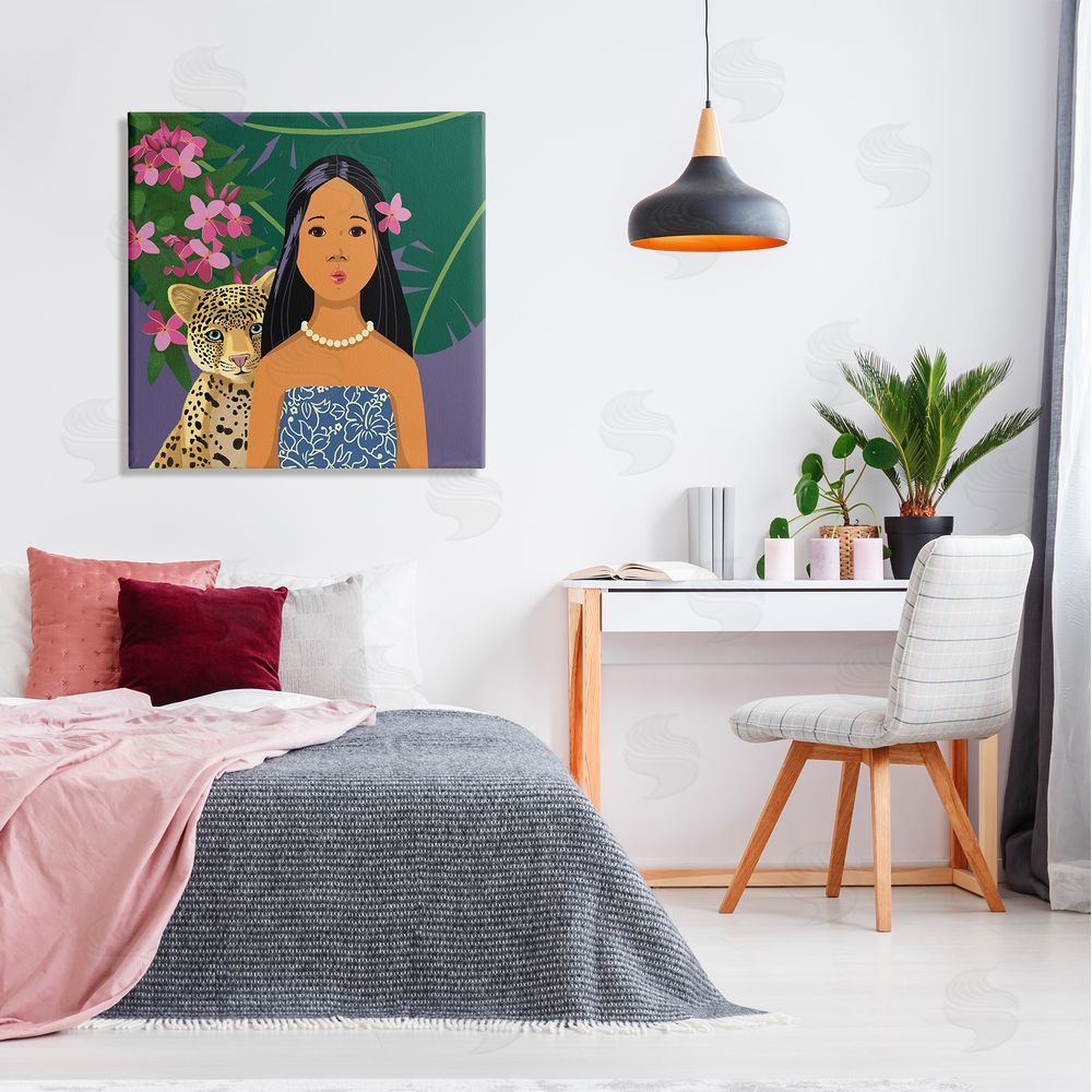 Sally Springer Griffith Portrait Girl Leopard Friend Pink Flowers Leaves Canvas Wall Art in Room
