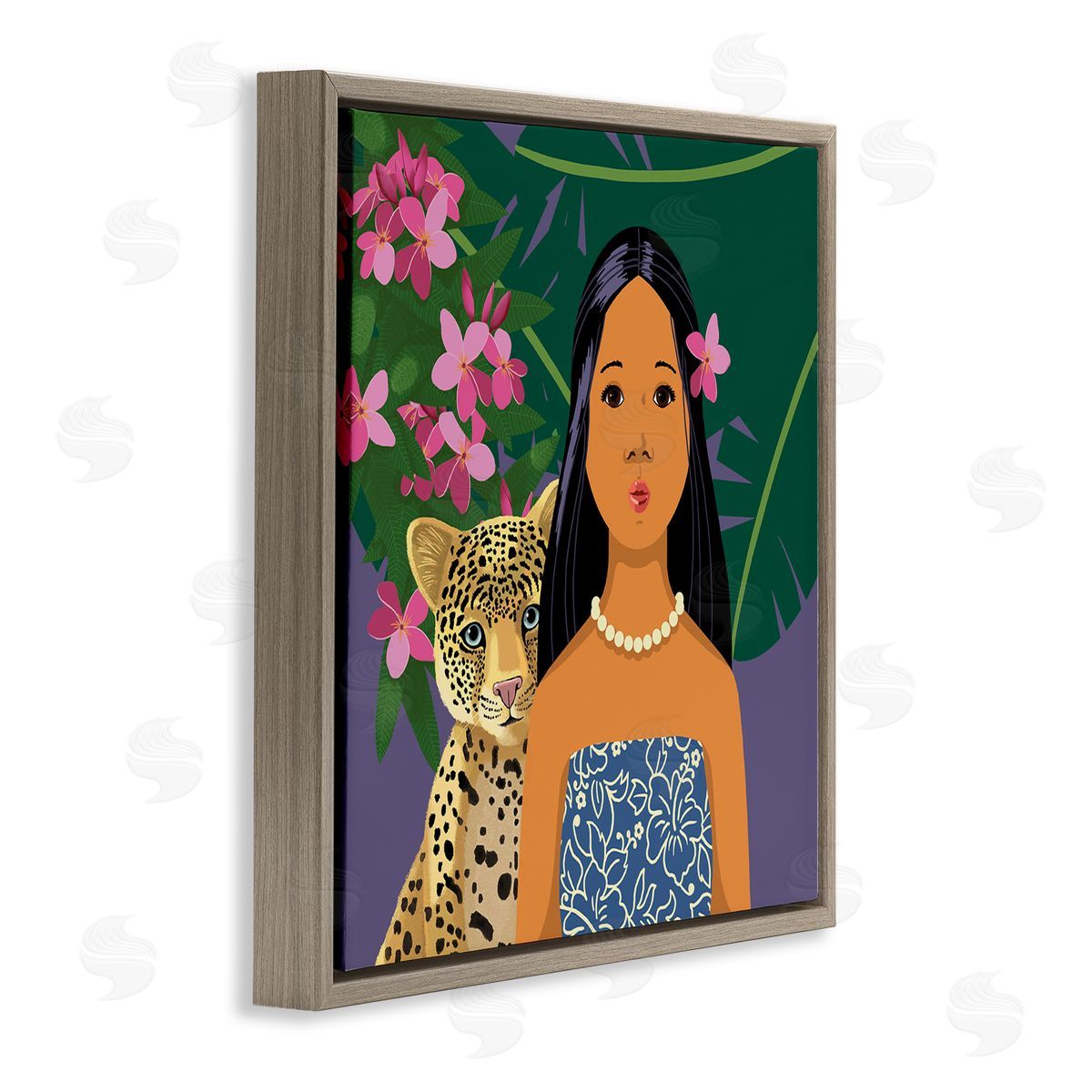 Sally Springer Griffith Portrait Girl Leopard Friend Pink Flowers Leaves Brown Floating Frame Canvas Wall Art Print