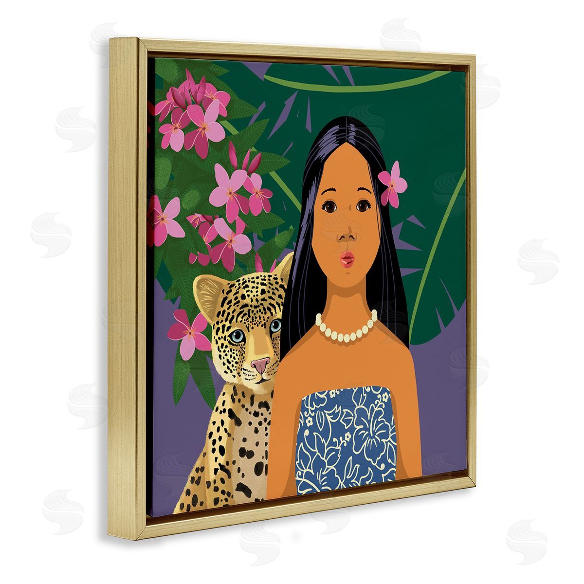 Sally Springer Griffith Portrait Girl Leopard Friend Pink Flowers Leaves Gold Floating Frame Canvas Wall Art Print