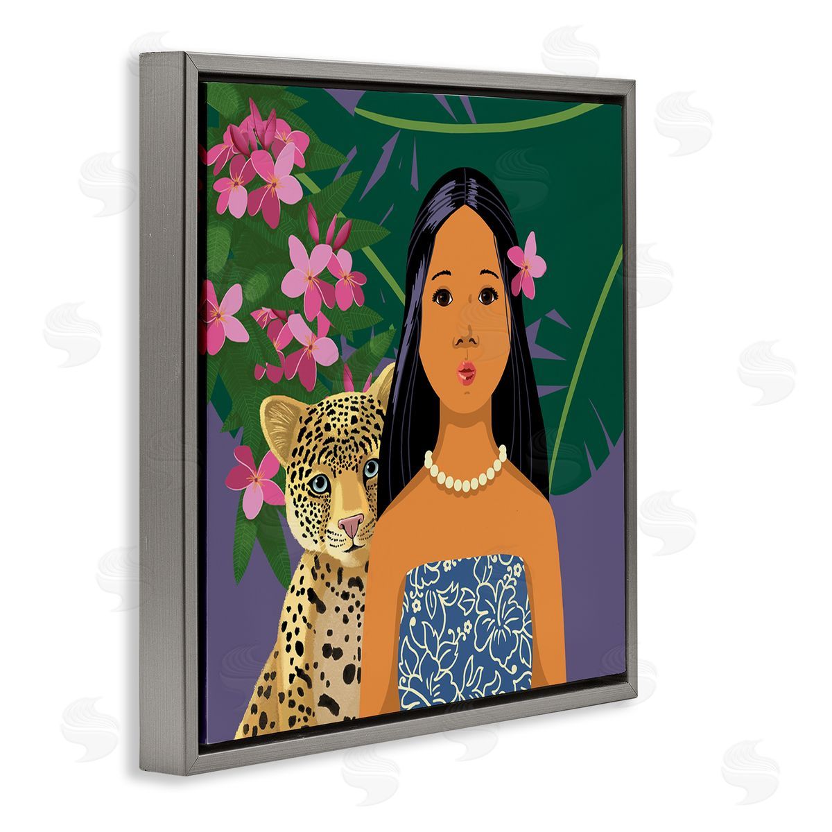 Sally Springer Griffith Portrait Girl Leopard Friend Pink Flowers Leaves Gray Floating Frame Canvas Wall Art Print