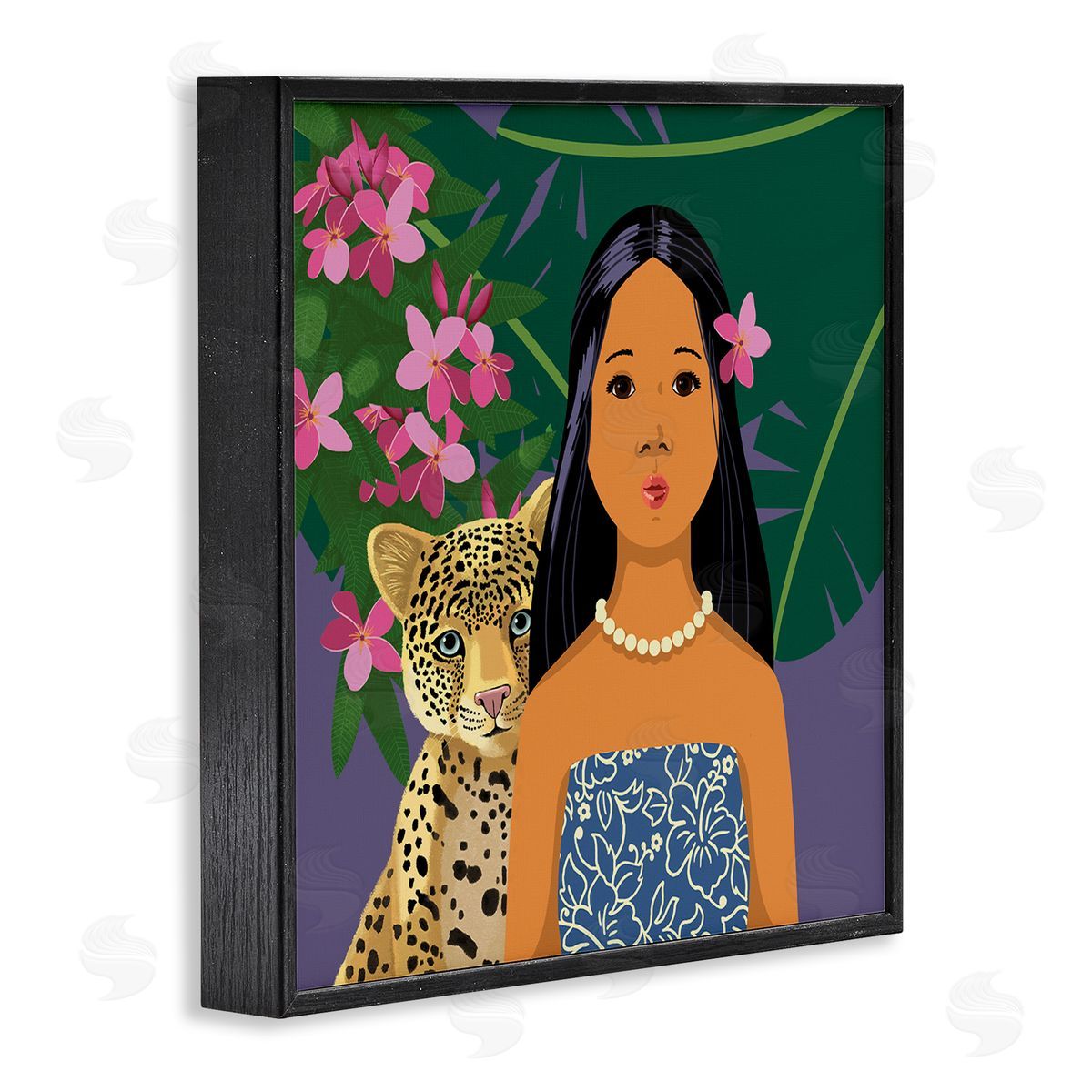Sally Springer Griffith Portrait Girl Leopard Friend Pink Flowers Leaves Black Framed Glicee Wall Art Print