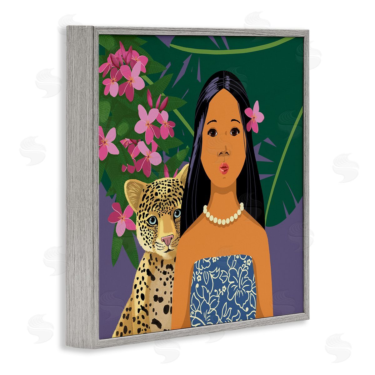 Sally Springer Griffith Portrait Girl Leopard Friend Pink Flowers Leaves Gray Framed Glicee Wall Art Print