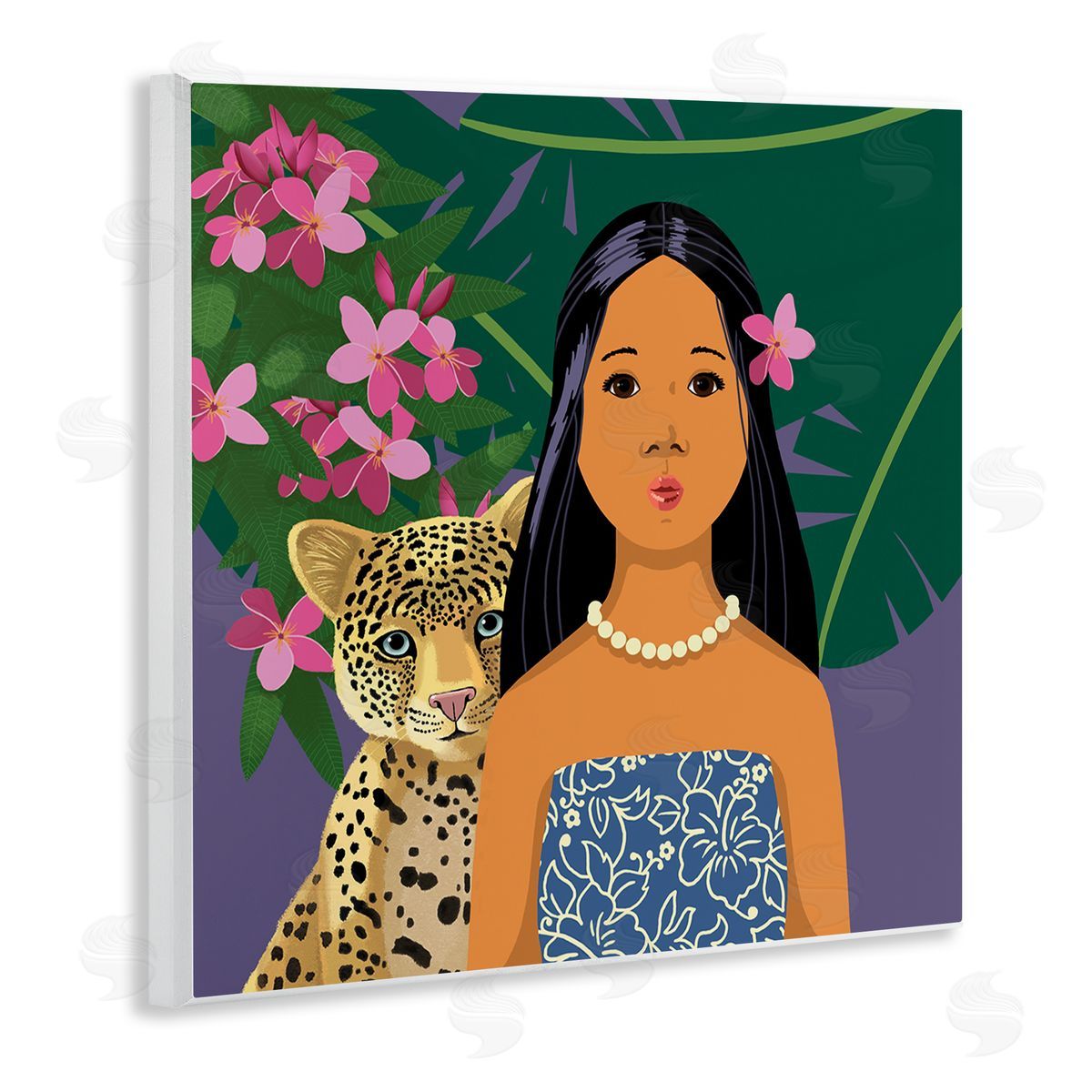 Sally Springer Griffith Portrait Girl Leopard Friend Pink Flowers Leaves Wooden Wall Plaque Art Print