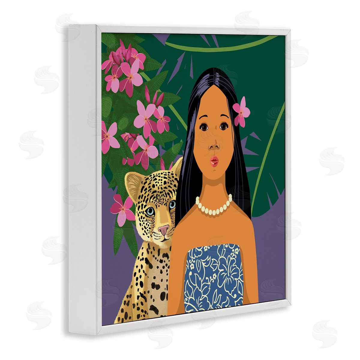 Sally Springer Griffith Portrait Girl Leopard Friend Pink Flowers Leaves White Framed Glicee Wall Art Print