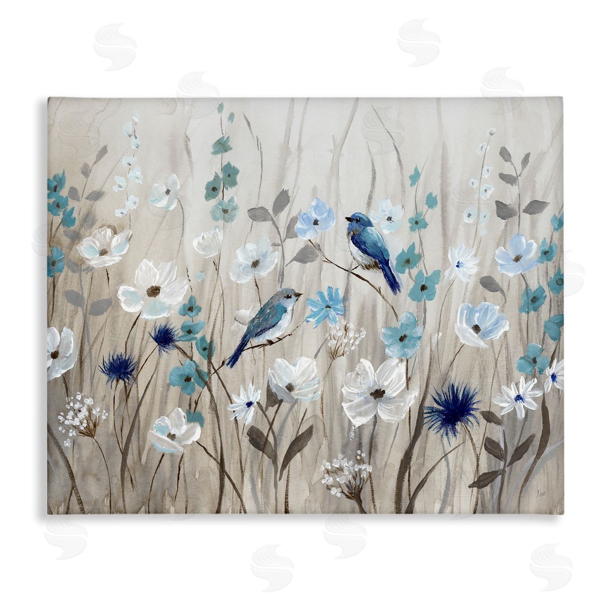 Birds Floral Meadow Blossoms Canvas Wall Art, Home Decor by Nan