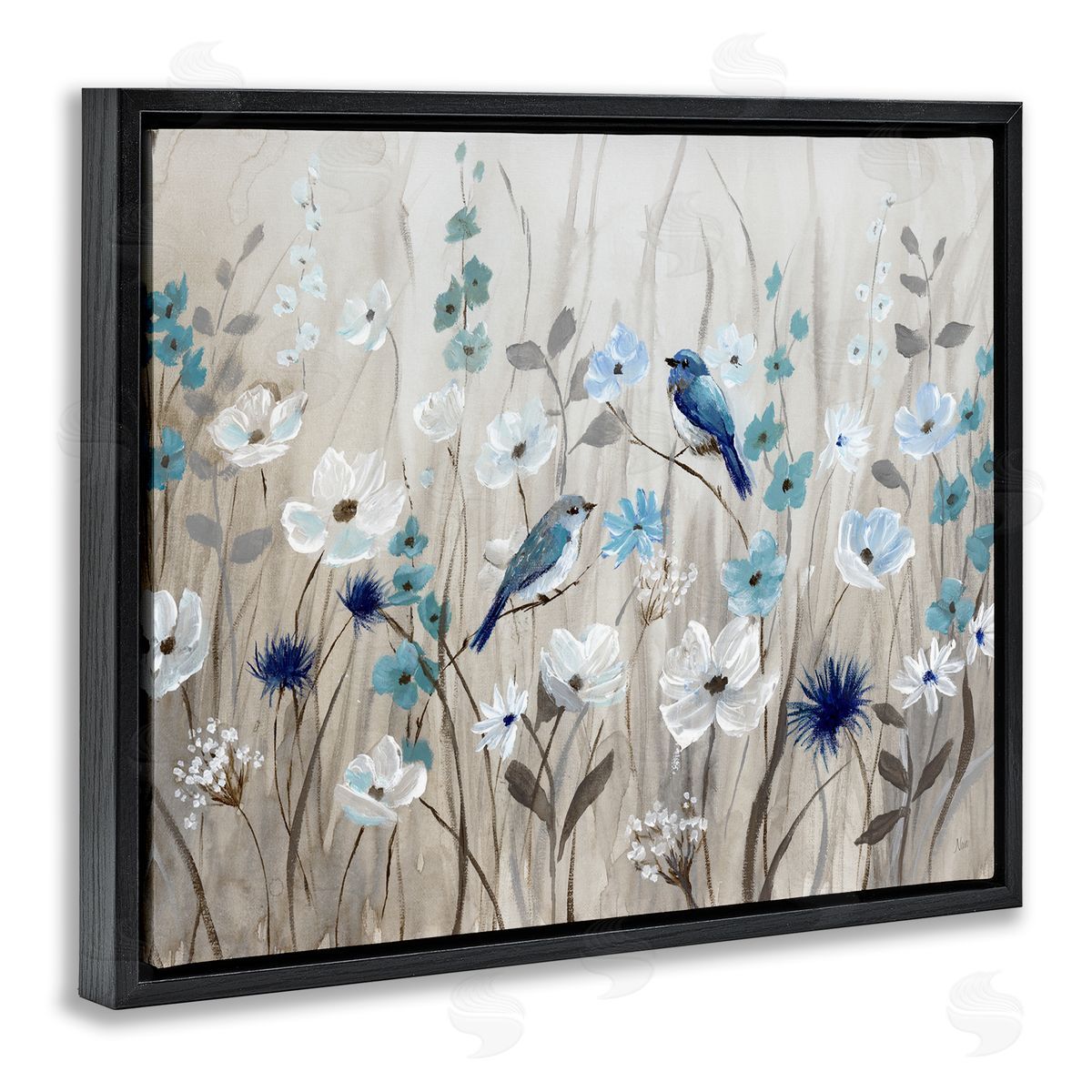 Birds Floral Meadow Blossoms Black Floating Frame Canvas Wall Art, Home Decor by Nan