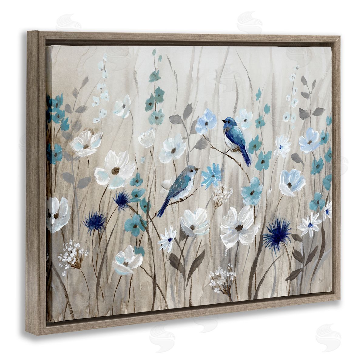 Birds Floral Meadow Blossoms Brown Floating Frame Canvas Wall Art, Home Decor by Nan