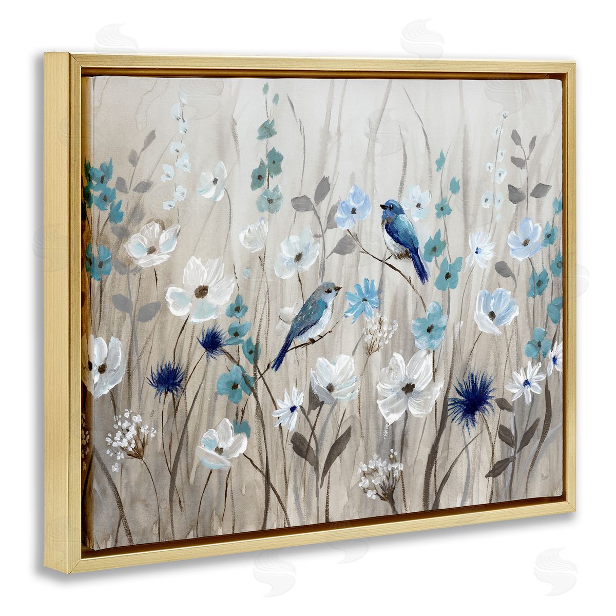 Birds Floral Meadow Blossoms Gold Floating Frame Canvas Wall Art, Home Decor by Nan
