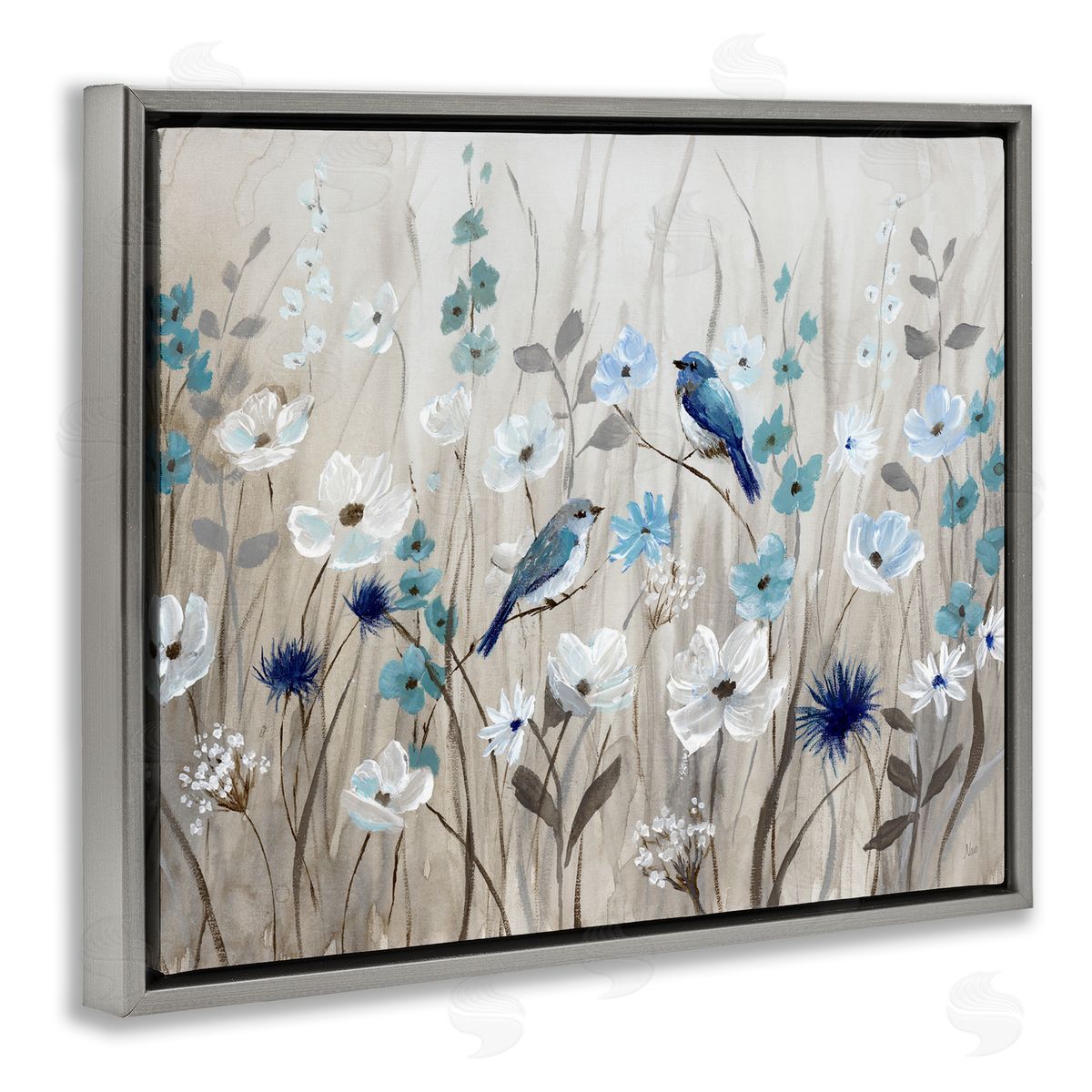 Birds Floral Meadow Blossoms Grey Floating Frame Canvas Wall Art, Home Decor by Nan