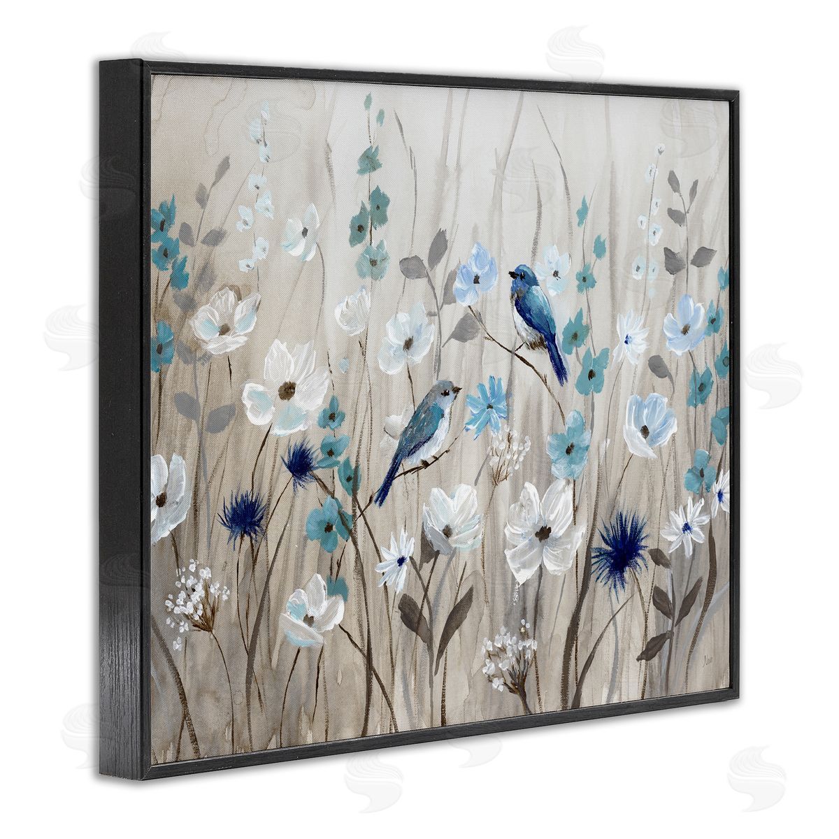 Birds Floral Meadow Blossoms Black Frame Print Wall Art, Home Decor by Nan