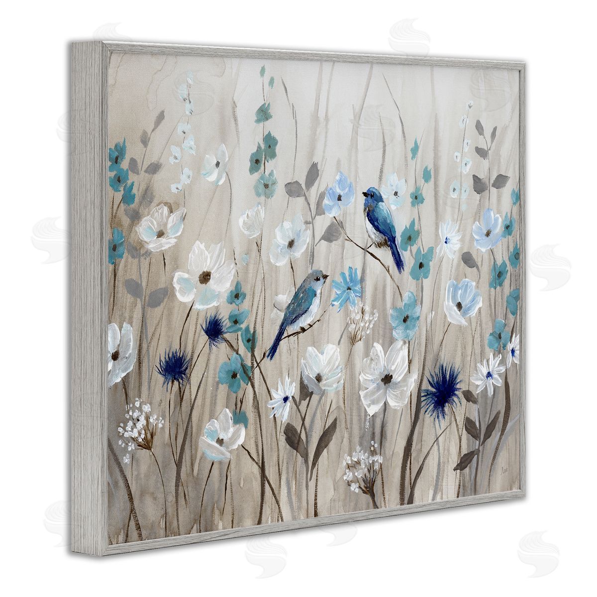 Birds Floral Meadow Blossoms Grey Frame Print Wall Art, Home Decor by Nan