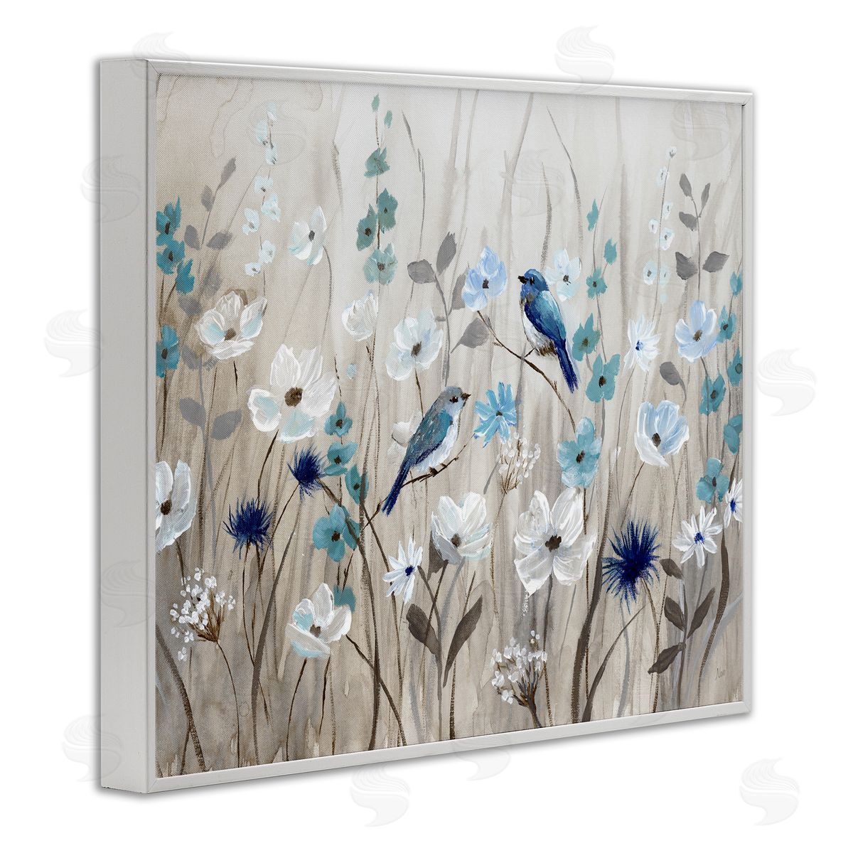 Birds Floral Meadow Blossoms White Frame Print Wall Art, Home Decor by Nan