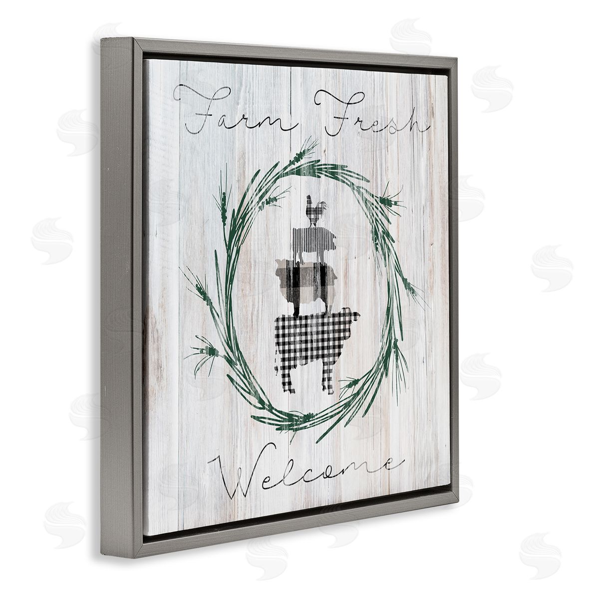 Carol Robinson Farm Fresh Welcome Sign Tartan Cow Laurels  Gray Floating Frame Canvas Wall Art Print