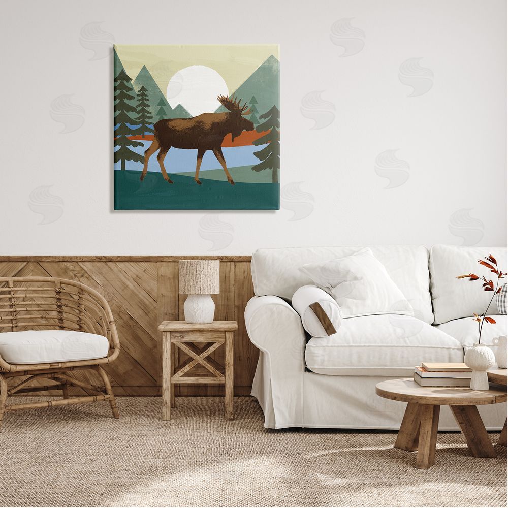 Victoria Barnes Lakeside Woodlands Moose Walking Setting Sun Canvas Wall Art in Room