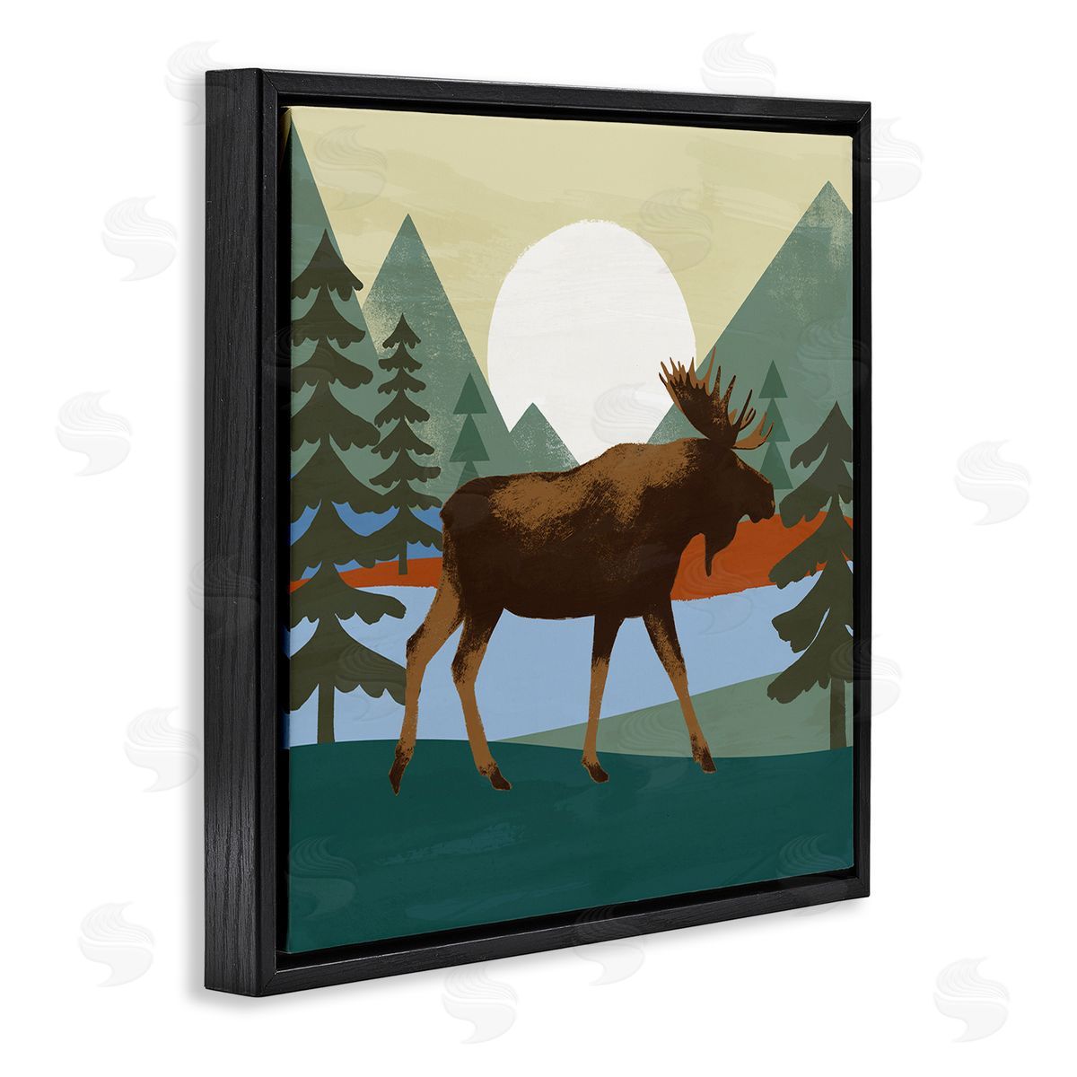 Victoria Barnes Lakeside Woodlands Moose Walking Setting Sun Black Floating Frame Canvas Wall Art Print