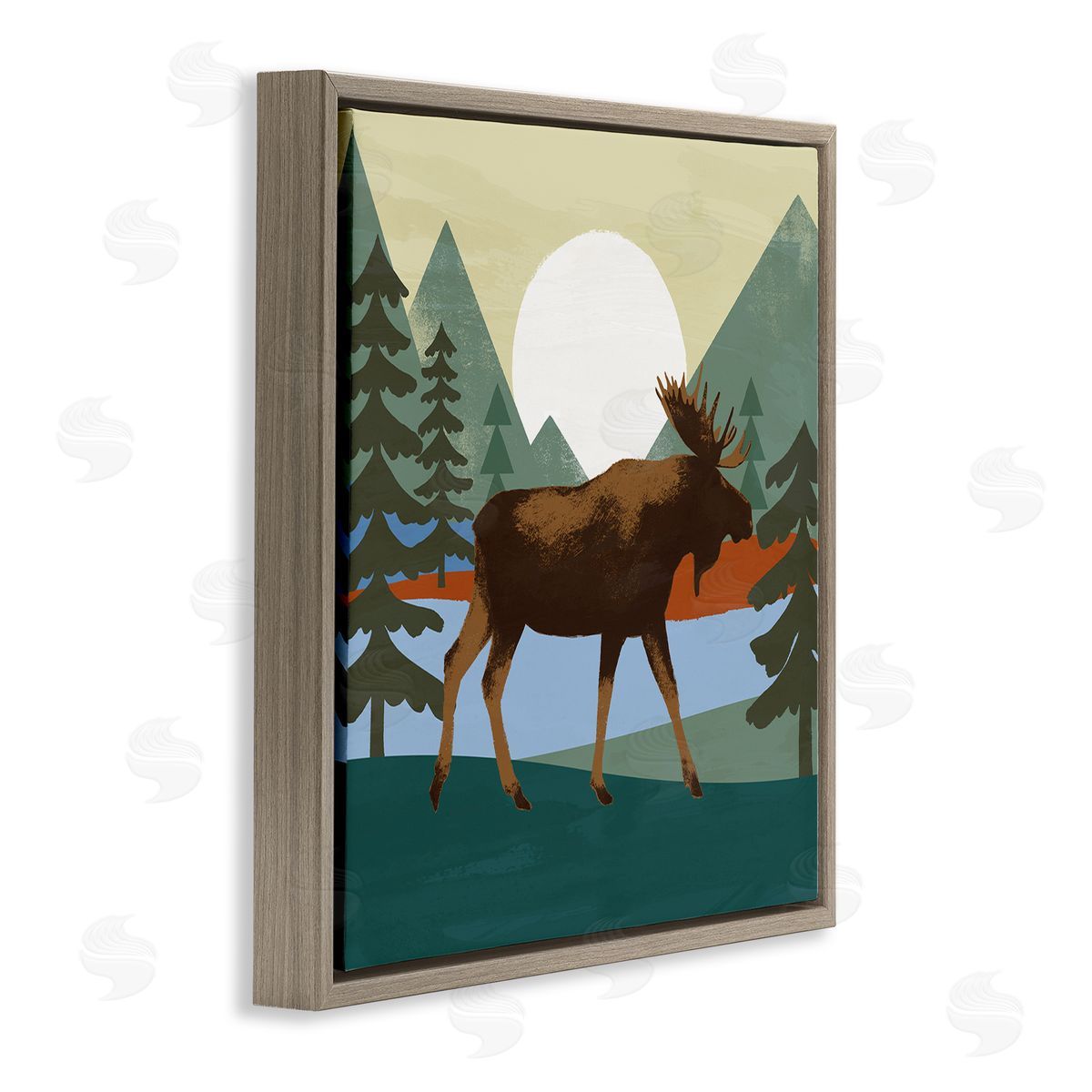 Victoria Barnes Lakeside Woodlands Moose Walking Setting Sun Brown Floating Frame Canvas Wall Art Print