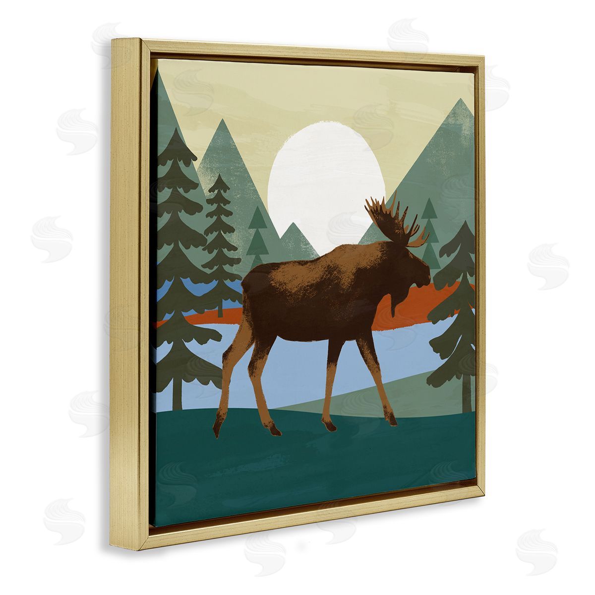 Victoria Barnes Lakeside Woodlands Moose Walking Setting Sun Gold Floating Frame Canvas Wall Art Print