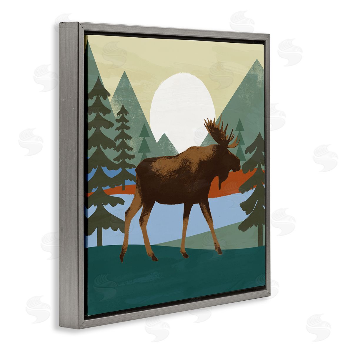 Victoria Barnes Lakeside Woodlands Moose Walking Setting Sun Gray Floating Frame Canvas Wall Art Print