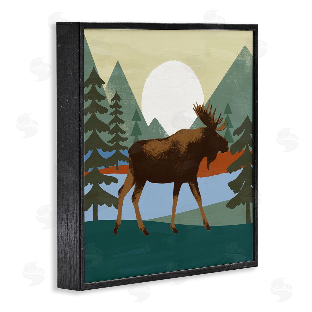 Victoria Barnes Lakeside Woodlands Moose Walking Setting Sun Black Framed Glicee Wall Art Print
