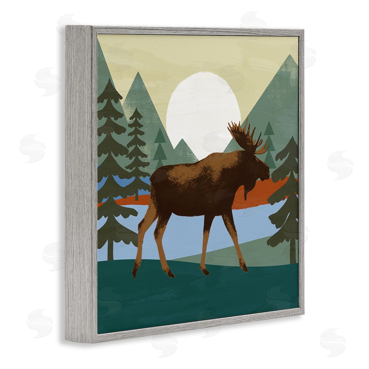 Victoria Barnes Lakeside Woodlands Moose Walking Setting Sun Gray Framed Glicee Wall Art Print