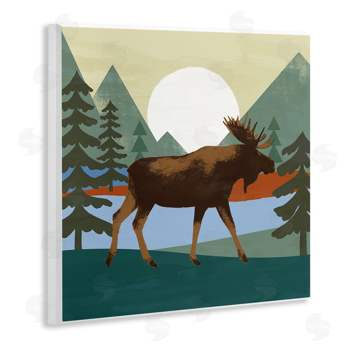 Victoria Barnes Lakeside Woodlands Moose Walking Setting Sun Wooden Wall Plaque Art Print