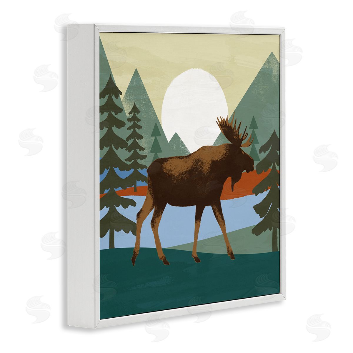 Victoria Barnes Lakeside Woodlands Moose Walking Setting Sun White Framed Glicee Wall Art Print