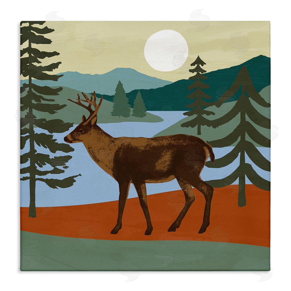 Victoria Barnes Lakeside Mountain Peaks Forest Deer Walking  Stretched Canvas Wall Art Print