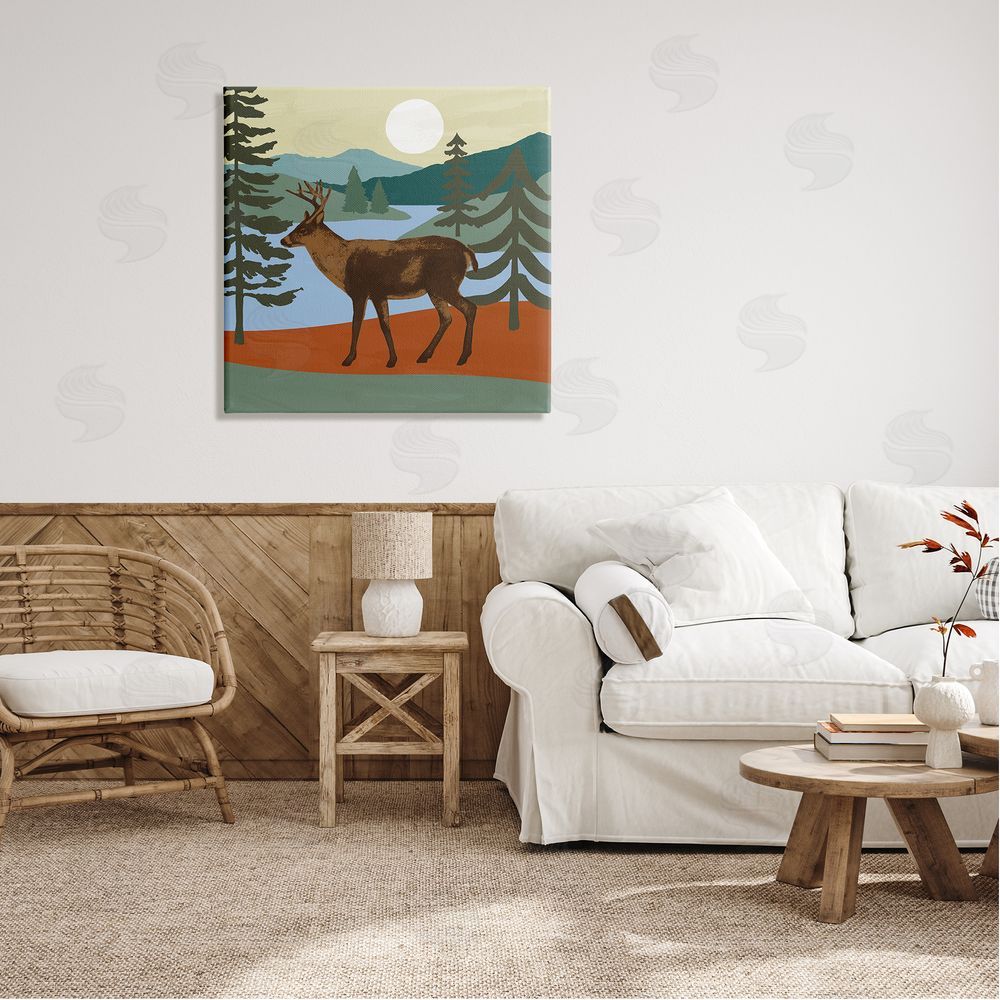 Victoria Barnes Lakeside Mountain Peaks Forest Deer Walking  Canvas Wall Art in Room