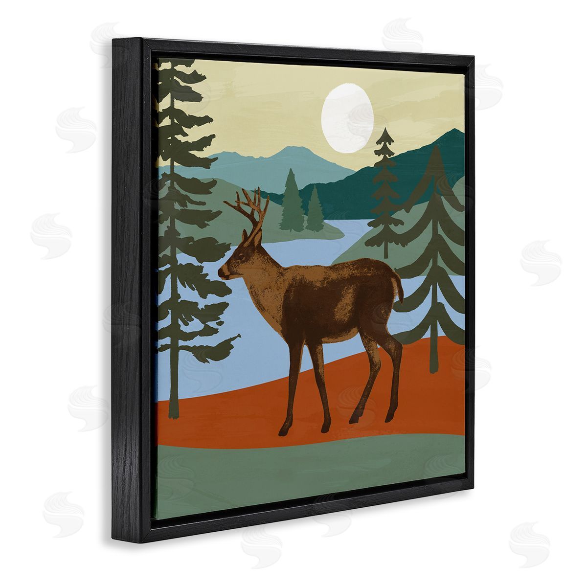 Victoria Barnes Lakeside Mountain Peaks Forest Deer Walking  Black Floating Frame Canvas Wall Art Print