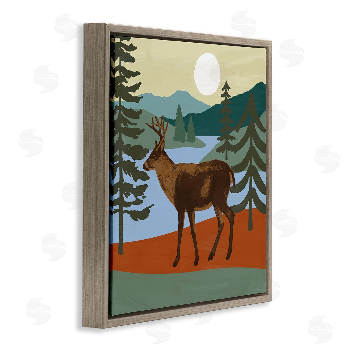 Victoria Barnes Lakeside Mountain Peaks Forest Deer Walking  Brown Floating Frame Canvas Wall Art Print