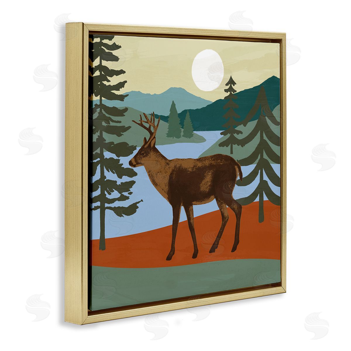 Victoria Barnes Lakeside Mountain Peaks Forest Deer Walking  Gold Floating Frame Canvas Wall Art Print