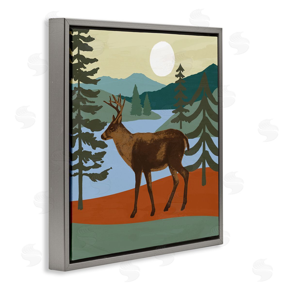 Victoria Barnes Lakeside Mountain Peaks Forest Deer Walking  Gray Floating Frame Canvas Wall Art Print