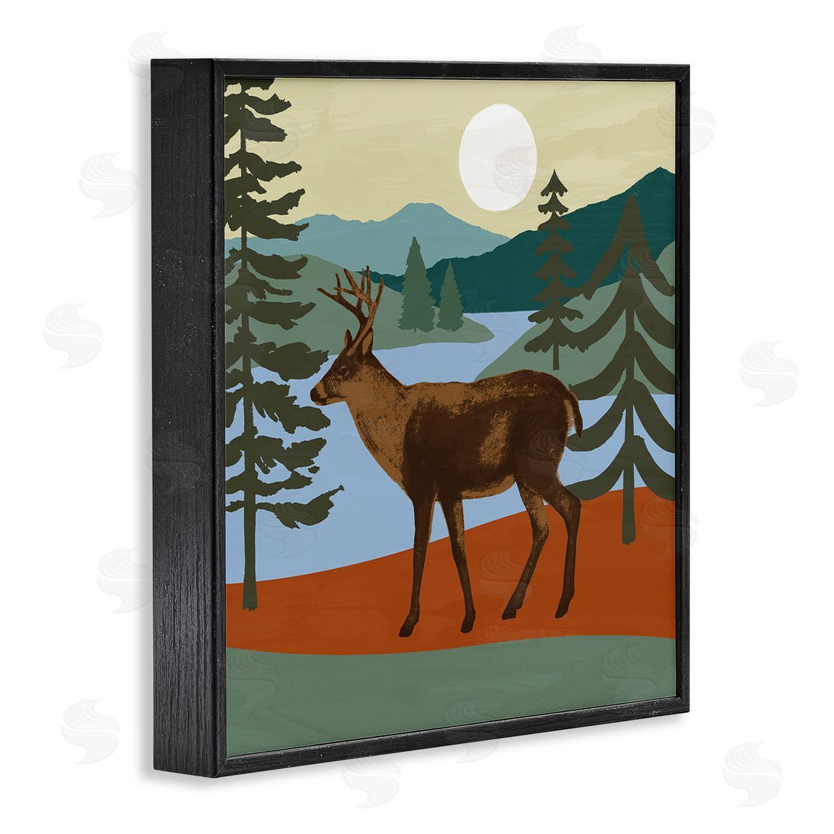 Victoria Barnes Lakeside Mountain Peaks Forest Deer Walking  Black Framed Glicee Wall Art Print