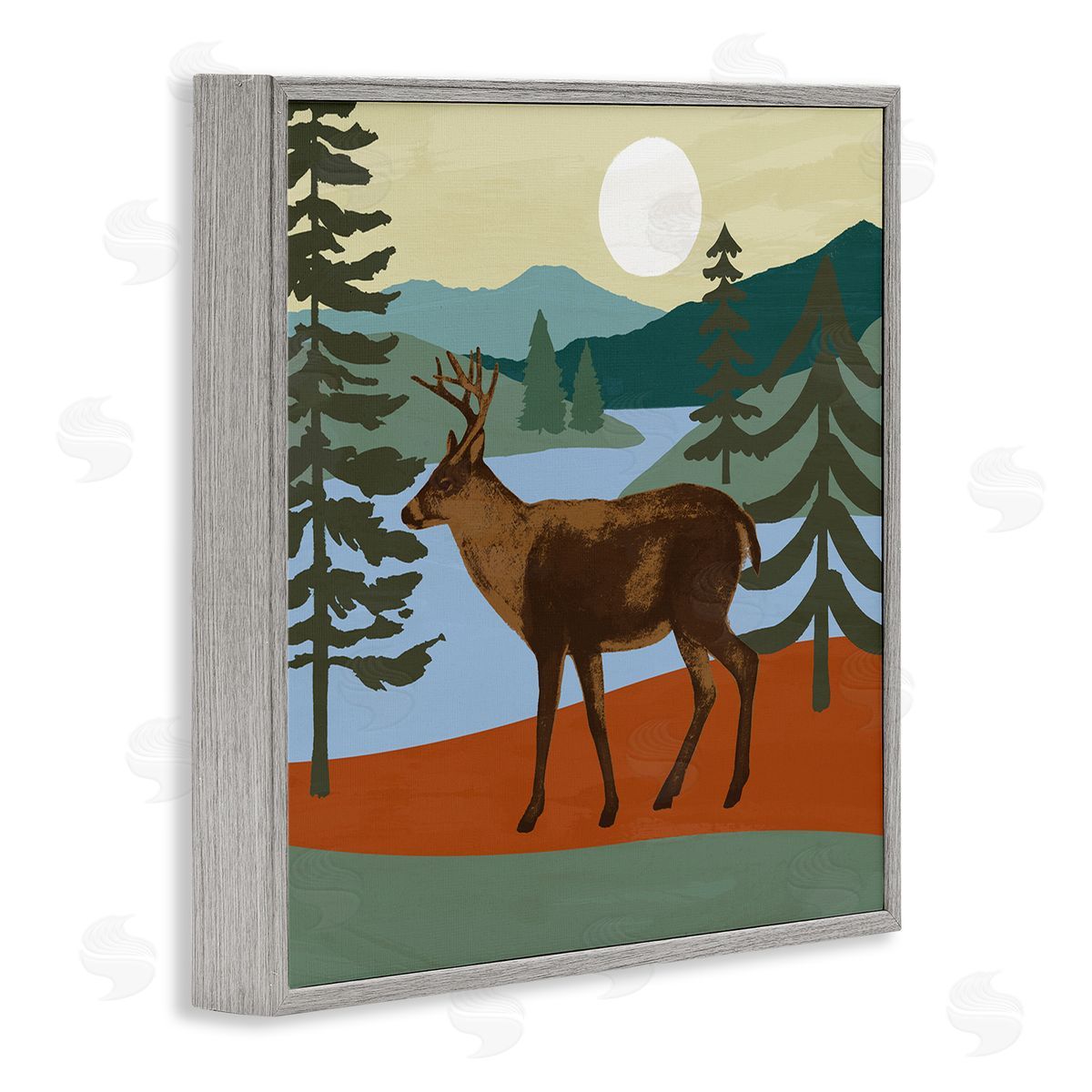 Victoria Barnes Lakeside Mountain Peaks Forest Deer Walking  Gray Framed Glicee Wall Art Print