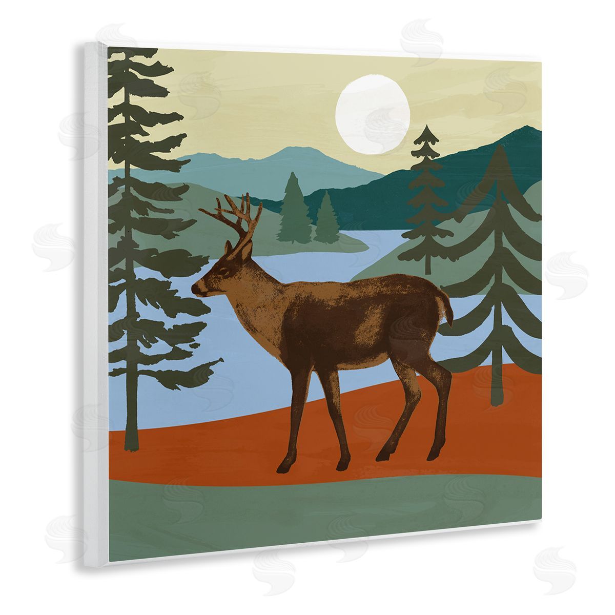 Victoria Barnes Lakeside Mountain Peaks Forest Deer Walking  Wooden Wall Plaque Art Print