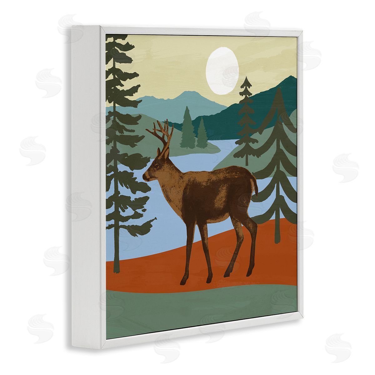 Victoria Barnes Lakeside Mountain Peaks Forest Deer Walking  White Framed Glicee Wall Art Print