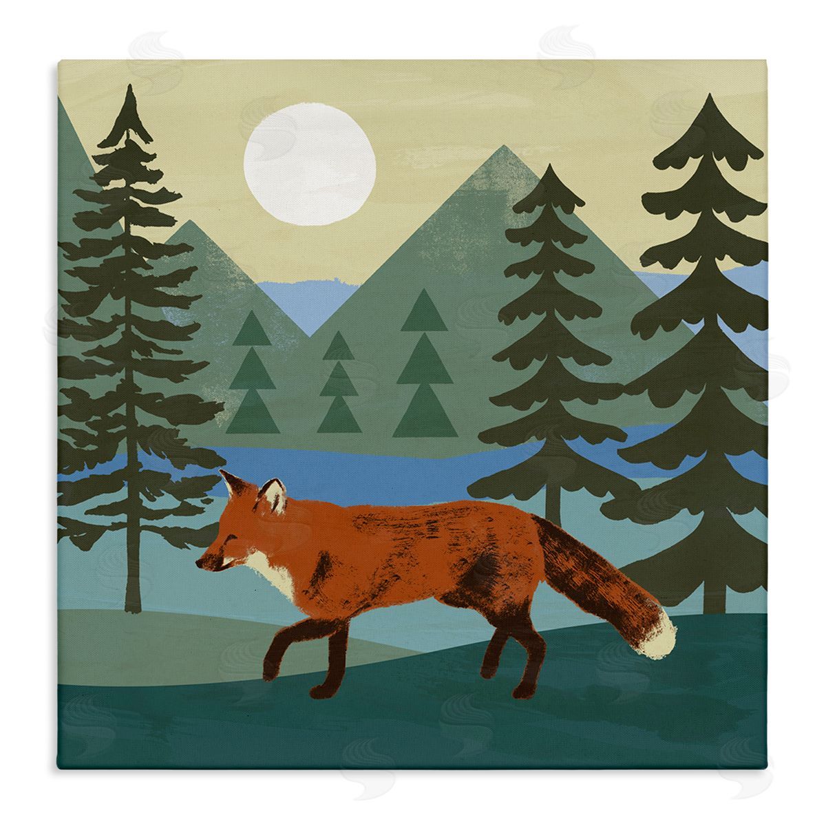 Victoria Barnes Red Fox Running Forest Distant Mountains Sunset Stretched Canvas Wall Art Print
