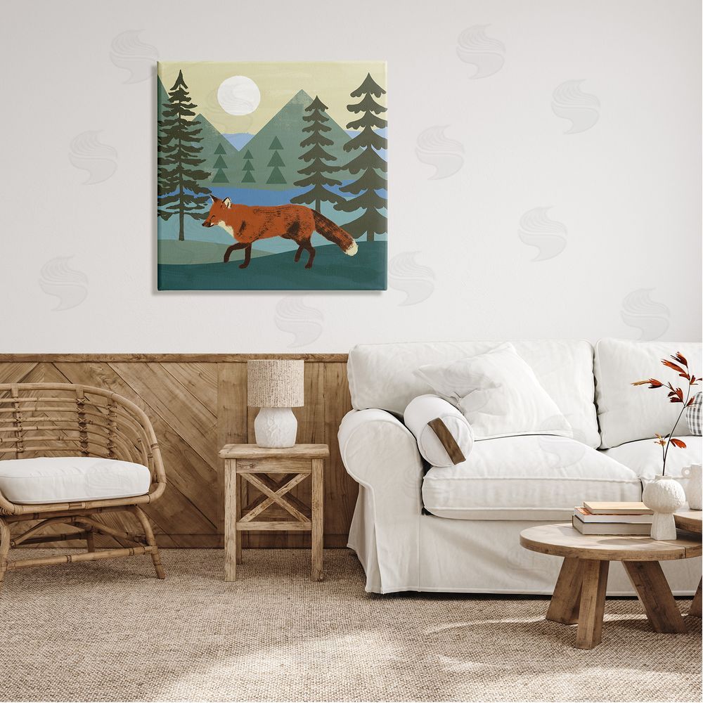 Victoria Barnes Red Fox Running Forest Distant Mountains Sunset Canvas Wall Art in Room