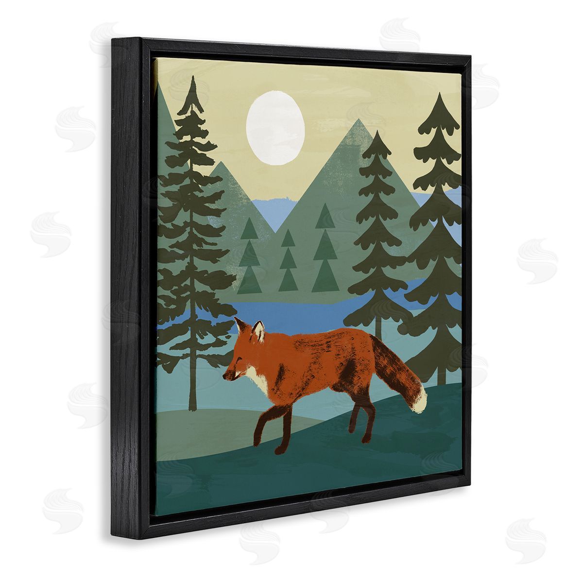 Victoria Barnes Red Fox Running Forest Distant Mountains Sunset Black Floating Frame Canvas Wall Art Print