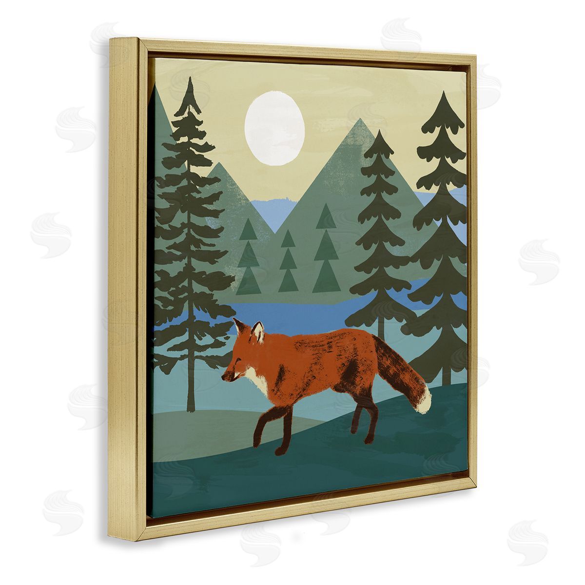 Victoria Barnes Red Fox Running Forest Distant Mountains Sunset Gold Floating Frame Canvas Wall Art Print