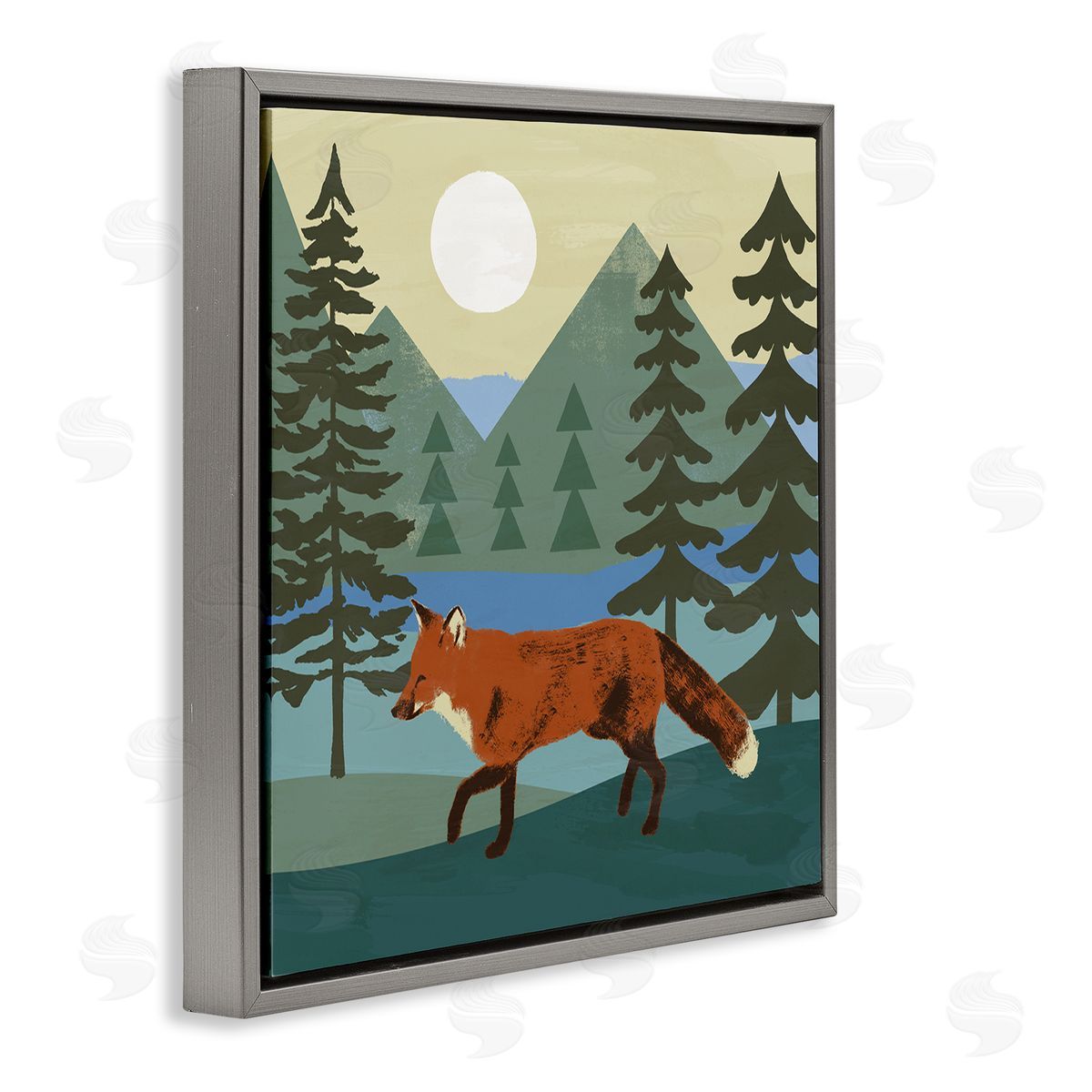 Victoria Barnes Red Fox Running Forest Distant Mountains Sunset Gray Floating Frame Canvas Wall Art Print