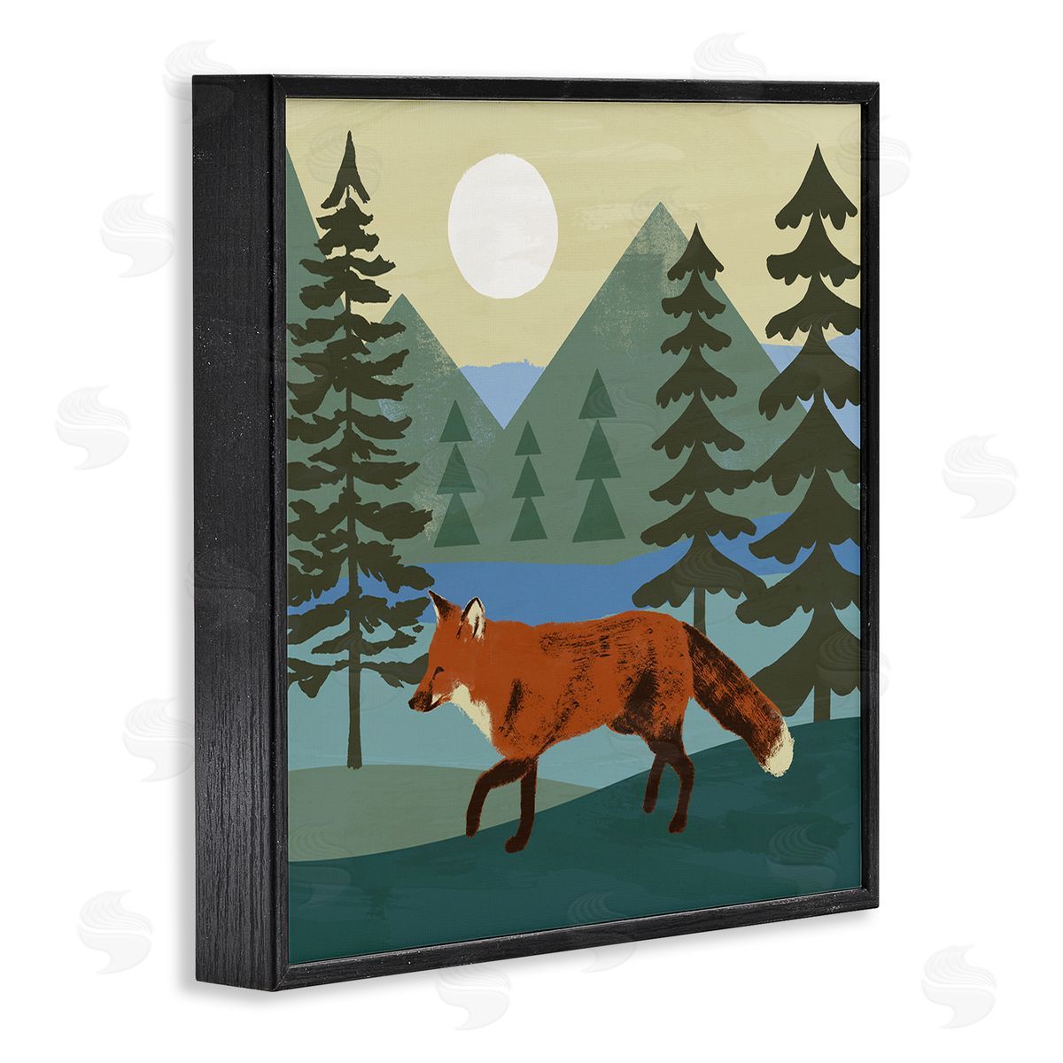 Victoria Barnes Red Fox Running Forest Distant Mountains Sunset Black Framed Glicee Wall Art Print