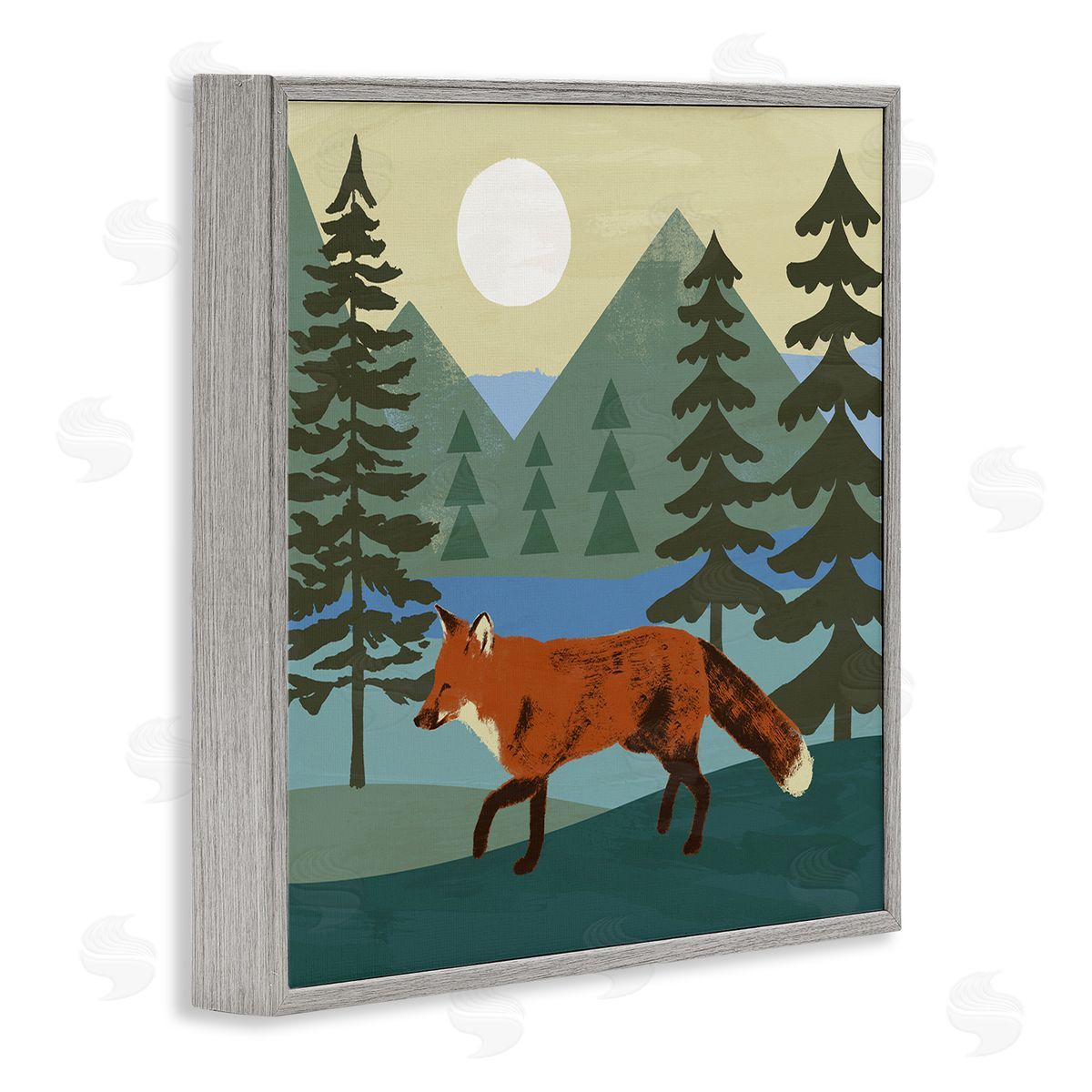 Victoria Barnes Red Fox Running Forest Distant Mountains Sunset Gray Framed Glicee Wall Art Print