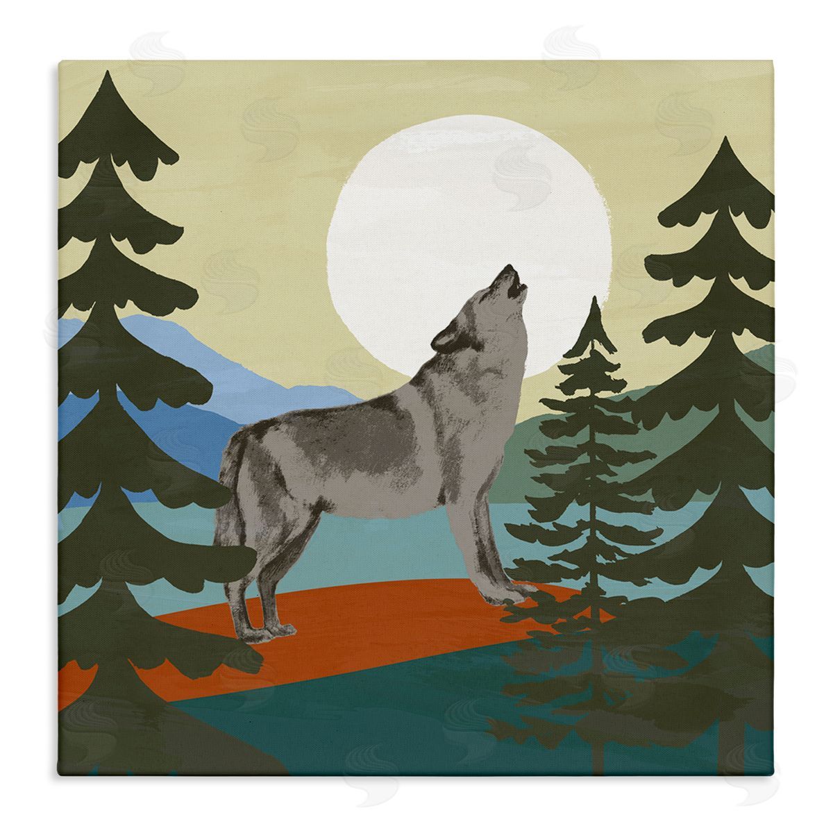 Victoria Barnes Grey Wolf Howling Moon Woodlands Trees  Stretched Canvas Wall Art Print