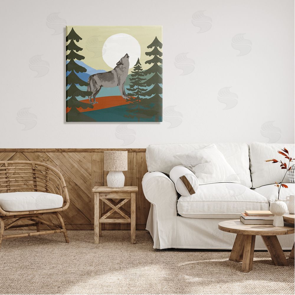 Victoria Barnes Grey Wolf Howling Moon Woodlands Trees  Canvas Wall Art in Room