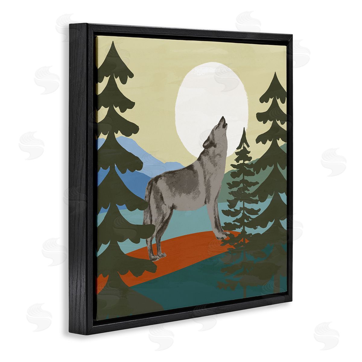 Victoria Barnes Grey Wolf Howling Moon Woodlands Trees  Black Floating Frame Canvas Wall Art Print
