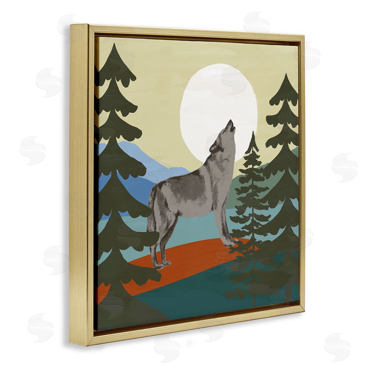 Victoria Barnes Grey Wolf Howling Moon Woodlands Trees  Gold Floating Frame Canvas Wall Art Print